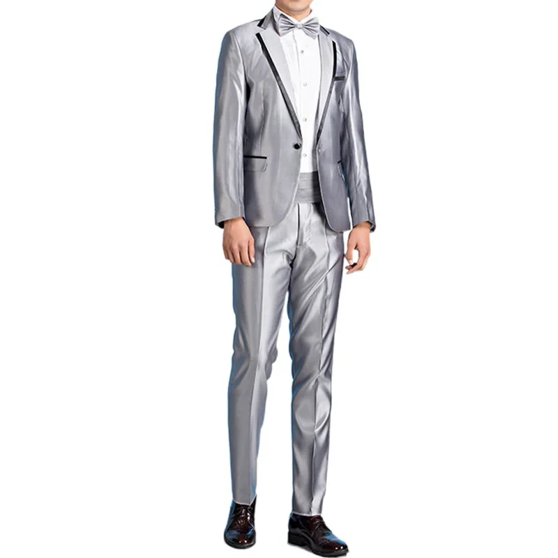 Polycotton Lighting Mens Muslim Black Tuxedo Champagne Silver Wedding Grooman Suit