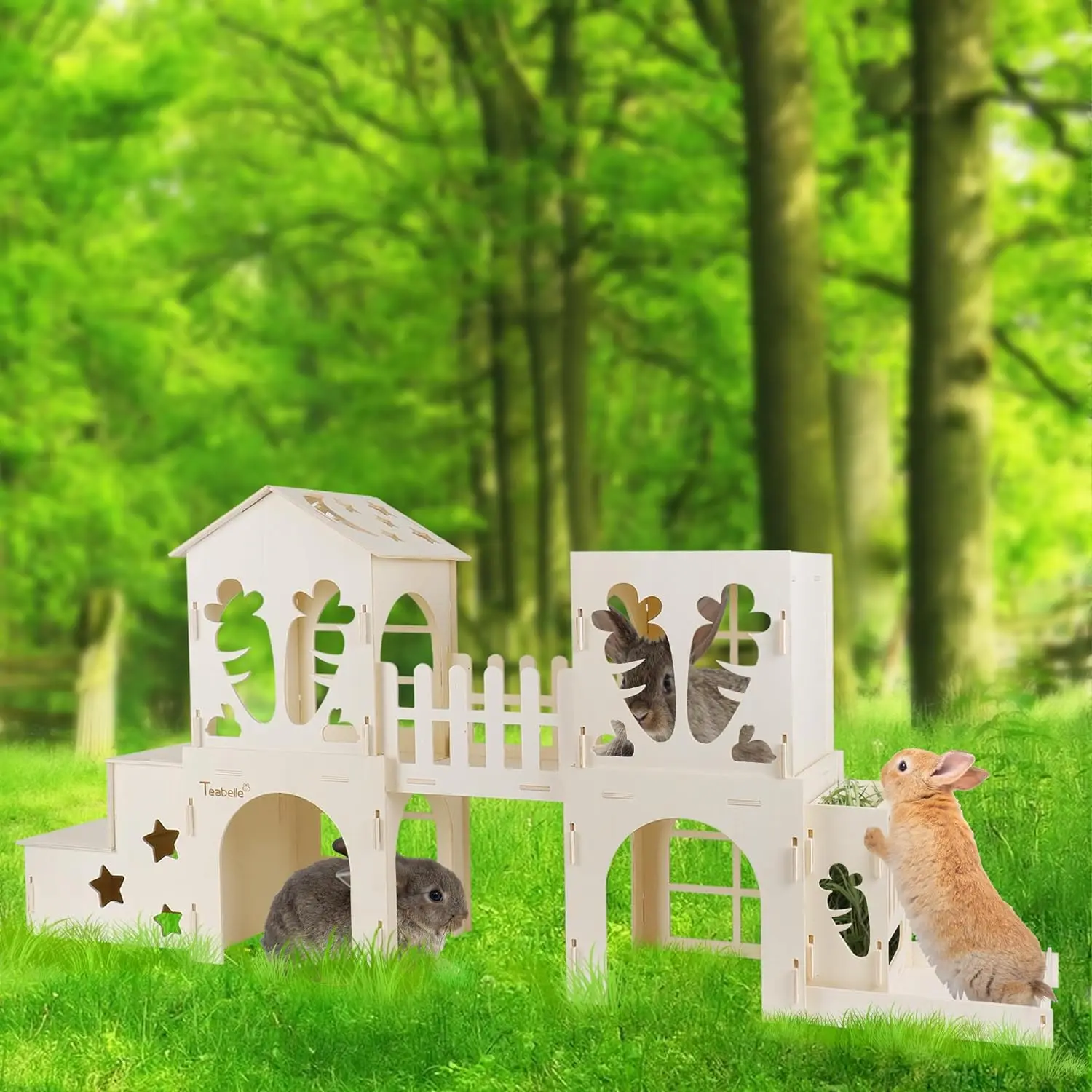 Wooden rabbit hideout Multi-room small animal dollhouse suitable for rabbit guinea pig hedgehog velvet mouse