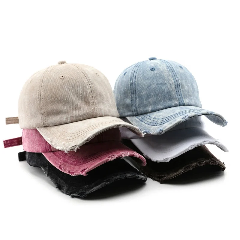 Vintage Premium Adjustable Cotton Washed Denim Jean Ripped Distressed Baseball Caps For Women Men