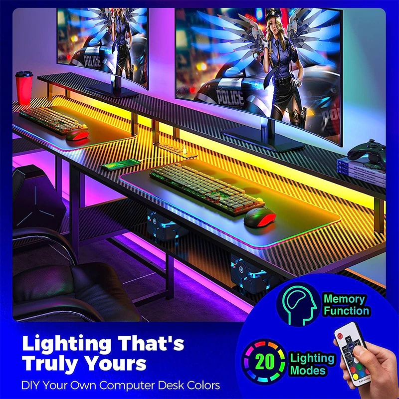 Carbon Fiber Surface Office Desk with Storage Computer Desk 59' with LED Lights and Power Outlets PC Gamer Gaming Table Desk