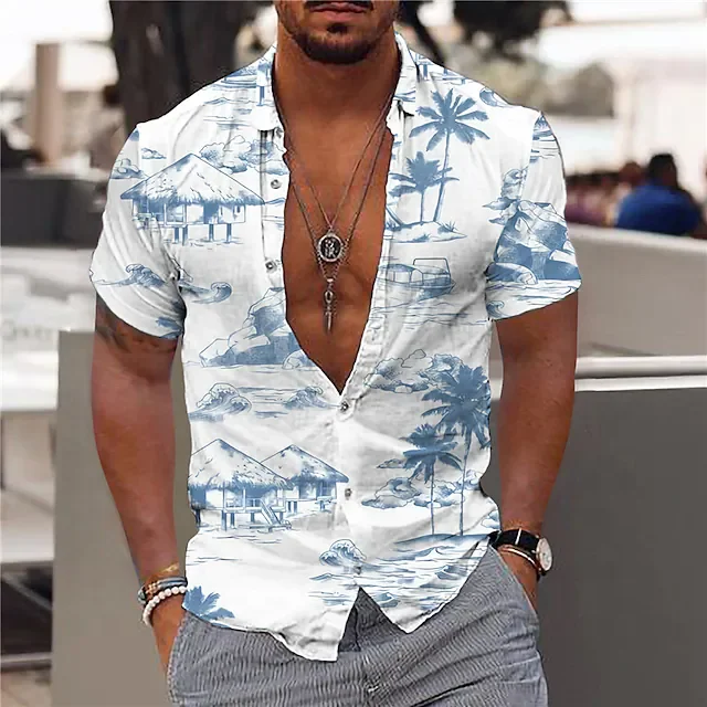 Factory Wholesale Custom Summer Short-sleeved Shirt 3D Print Coconut Tree Graphic Turndown New Fashion Trend Shirt For Men