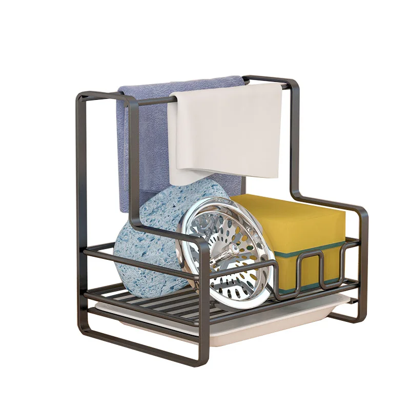 Multi-functional Carbon Steel Kitchen Sink Shelf Soap Sponge Drain Rack Towel Hanging Holder