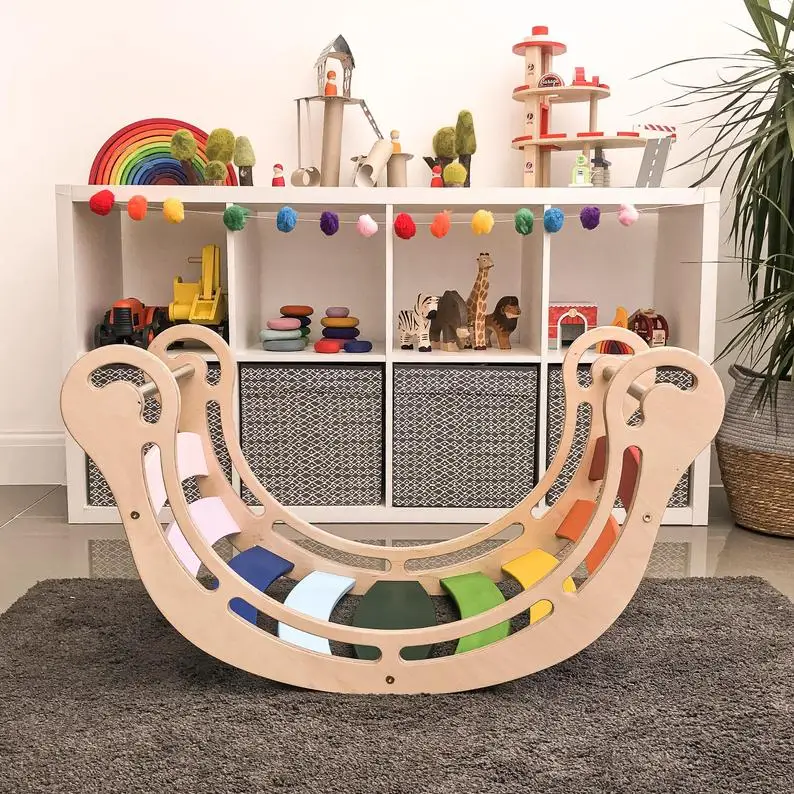 Xiair Kids Wooden Rocking Boat Board Toddler Educational Montessori Waldorf Rainbow Rocker Board