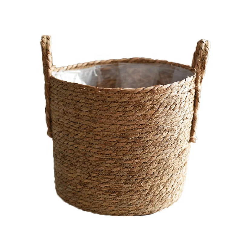 Factory Wholesale Planter Basket Indoor Outdoor Natural Seagrass Woven Flower Tree Plant Pot With Handles For Home Decoration