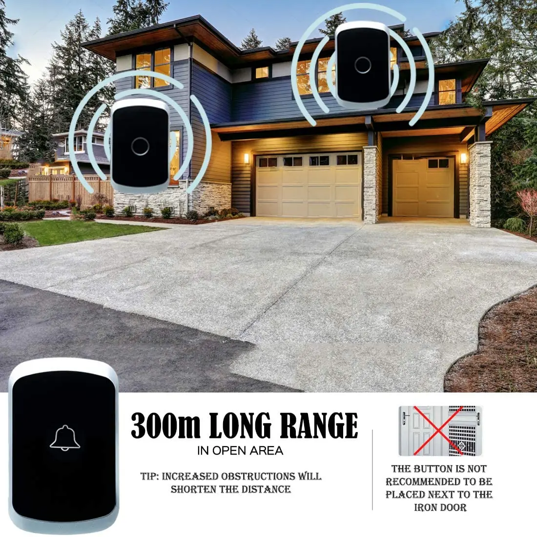 Indoor Receiver 5 Adjustable Volumes 60 Ringtones 300M Range IP44 Waterproof Wireless Outdoor Doorbell