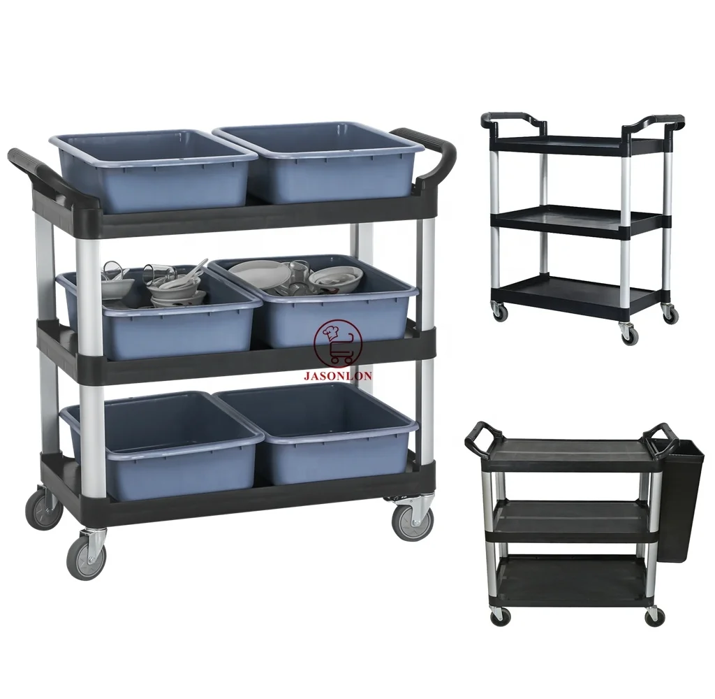 Factory prices hotel restaurant kitchen equipment 3 tier plastic service cart food trolley For black /gray food Serving Trolley
