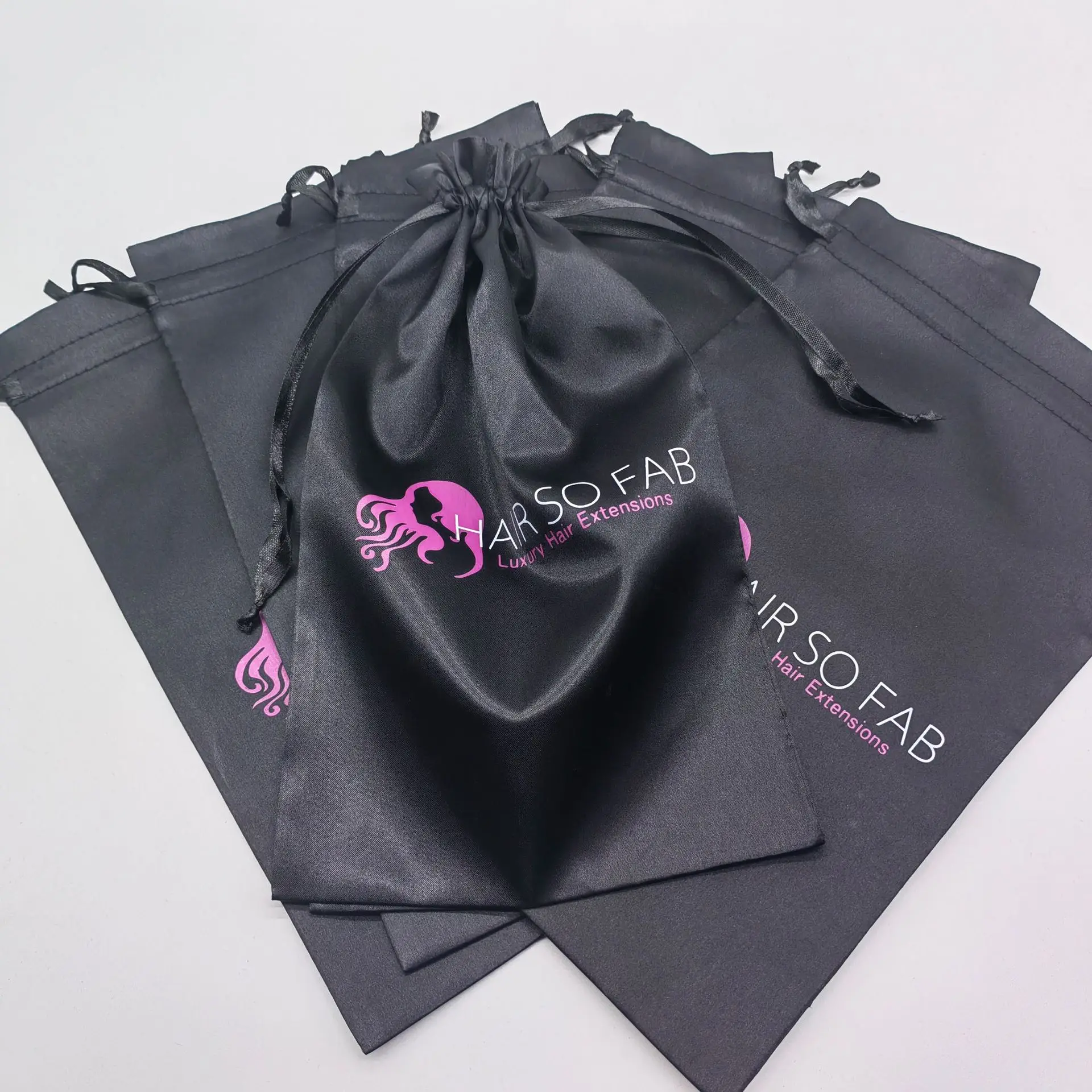 Custom Wig Storage Bags Drawstring Black Satin Silk Bag For Hair Bundle Packaging