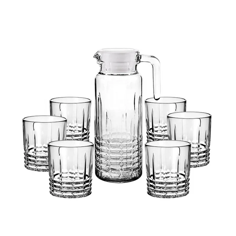Glass water jug carafe and cups set with golden rim cups set shrinking sets juice cold drinks jar stock home drinking ware