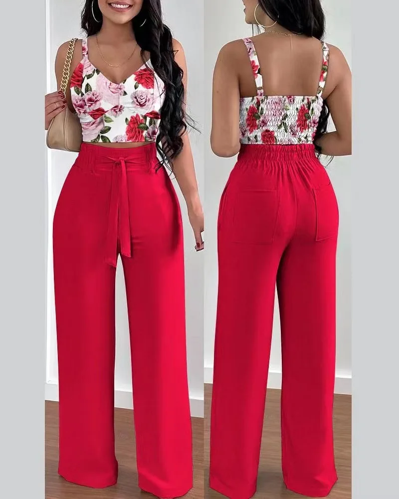King Mcgreen Star Elegant Women Pants Set Sexy Off-shoulder Strap Flowers Summer Tank Top Straight Trousers 2-piece Suit