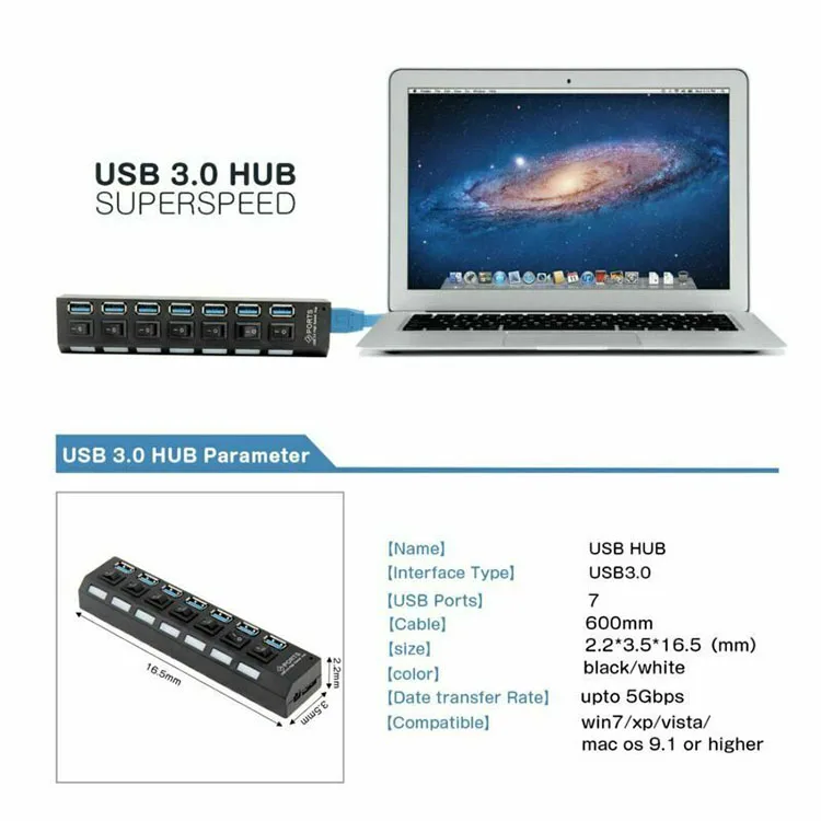 4/7-порт USB 3 0 концентратор с отдельными выключателями питания и светодиоды