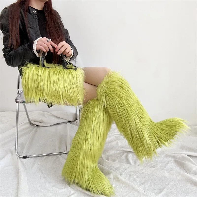 BUSY GIRL RS4807 fur boots with purse set white purple faux mongolian lamb ladies winter boots flat knee furry boots and bags