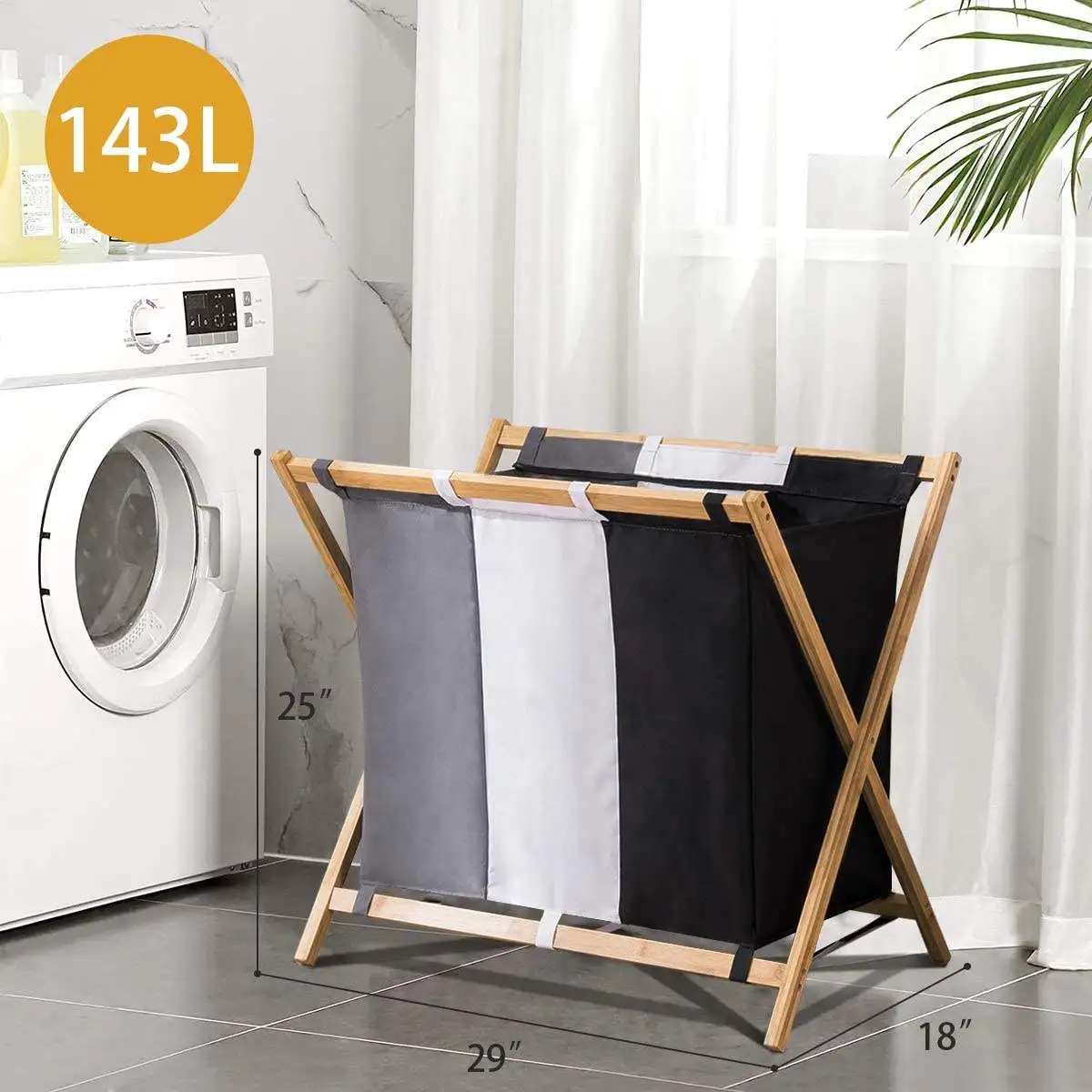 laundry organization and storage Foldable Bamboo 3 section laundry basket 3 compartments Hamper For Dirty Clothes Fabric Bags