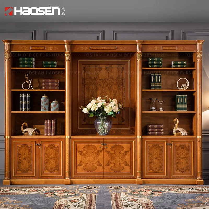 HAOSEN 0829A Luxury classic wooden carving boss office background Bookstore high cabinet