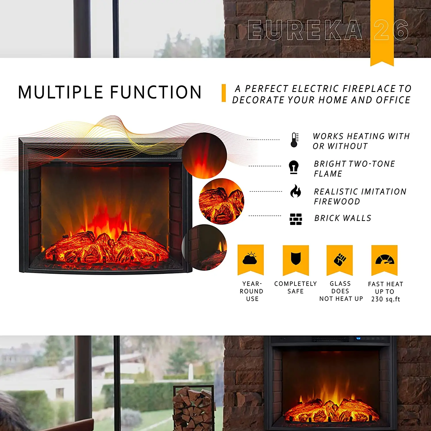 26' Curved Front Electric Fireplace Insert Artificial Flame Quartz Infrared Fireplace Heater Interior Glass View