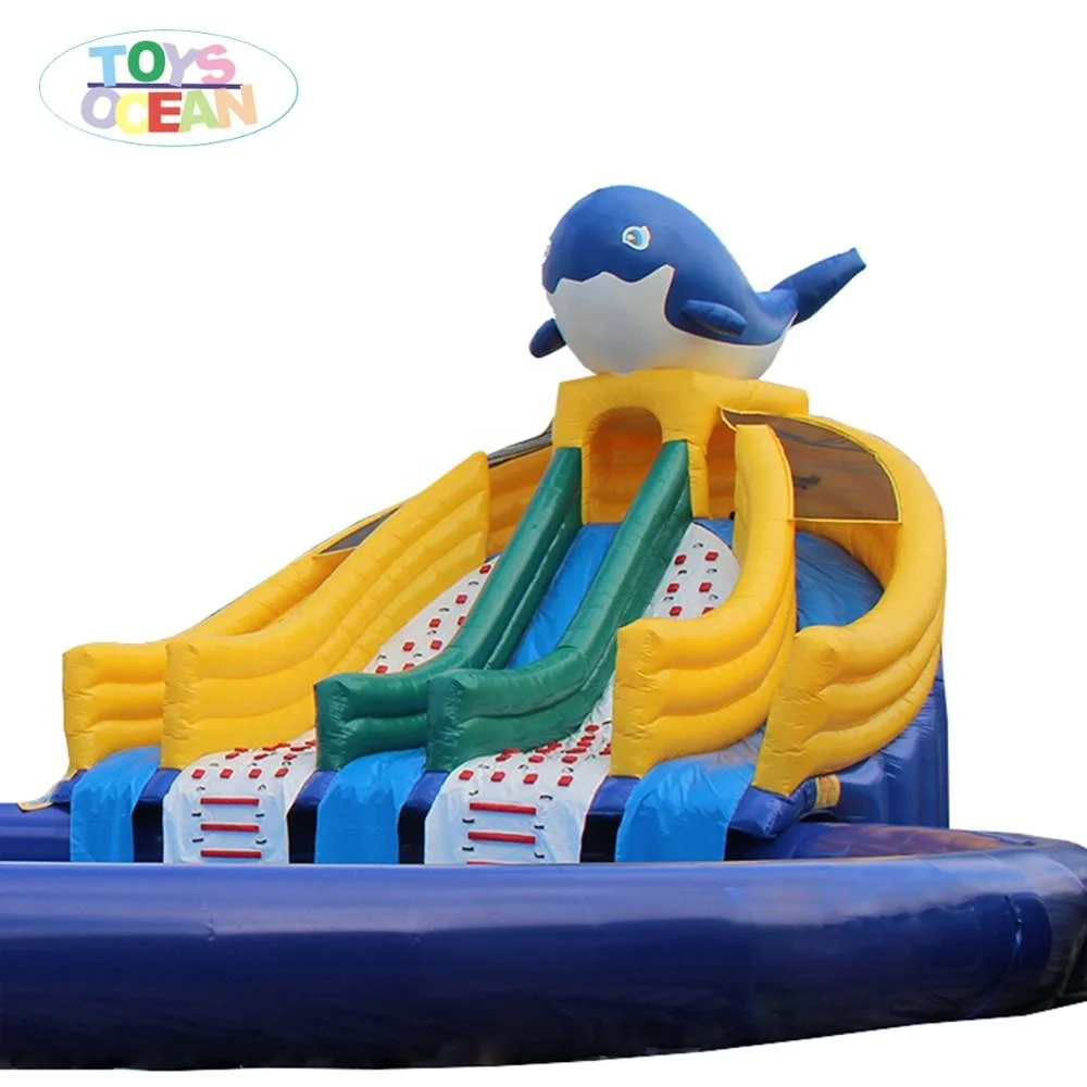 commercial grade outdoor inflatable dolphin water slide with big water pool for ground