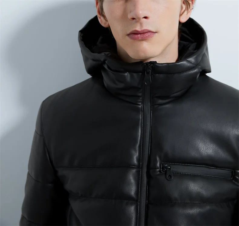 Winter black puffer down leather bubble jacket with hooded