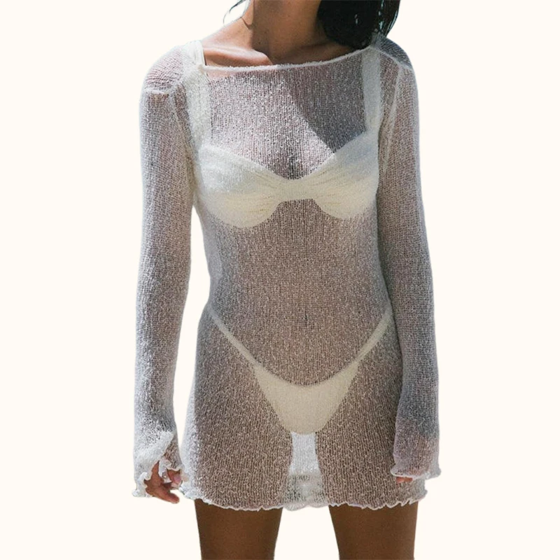 Long Sleeves Knitted Crochet Cover Up Beachwear Scoop Neck Backless Womens Dress Beach Mini Dres