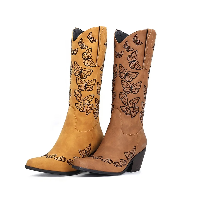 Factory direct sales of new pointy thick heel embroidery high comfortable leather boots lady cowboy boots
