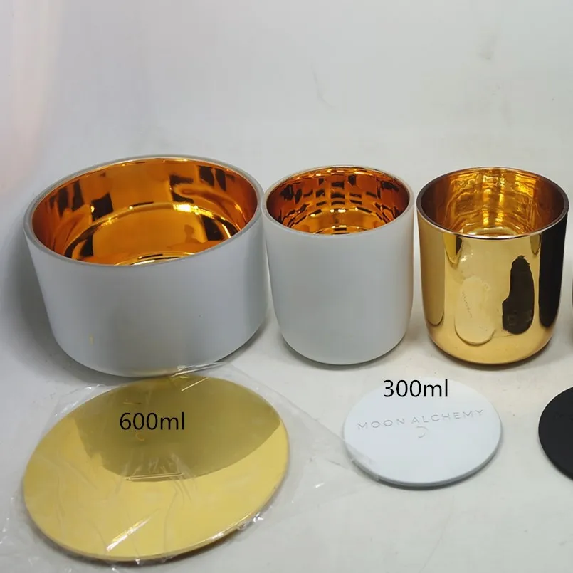 300ml 600ml empty matte white and plating gold candle jar glass with metal lid