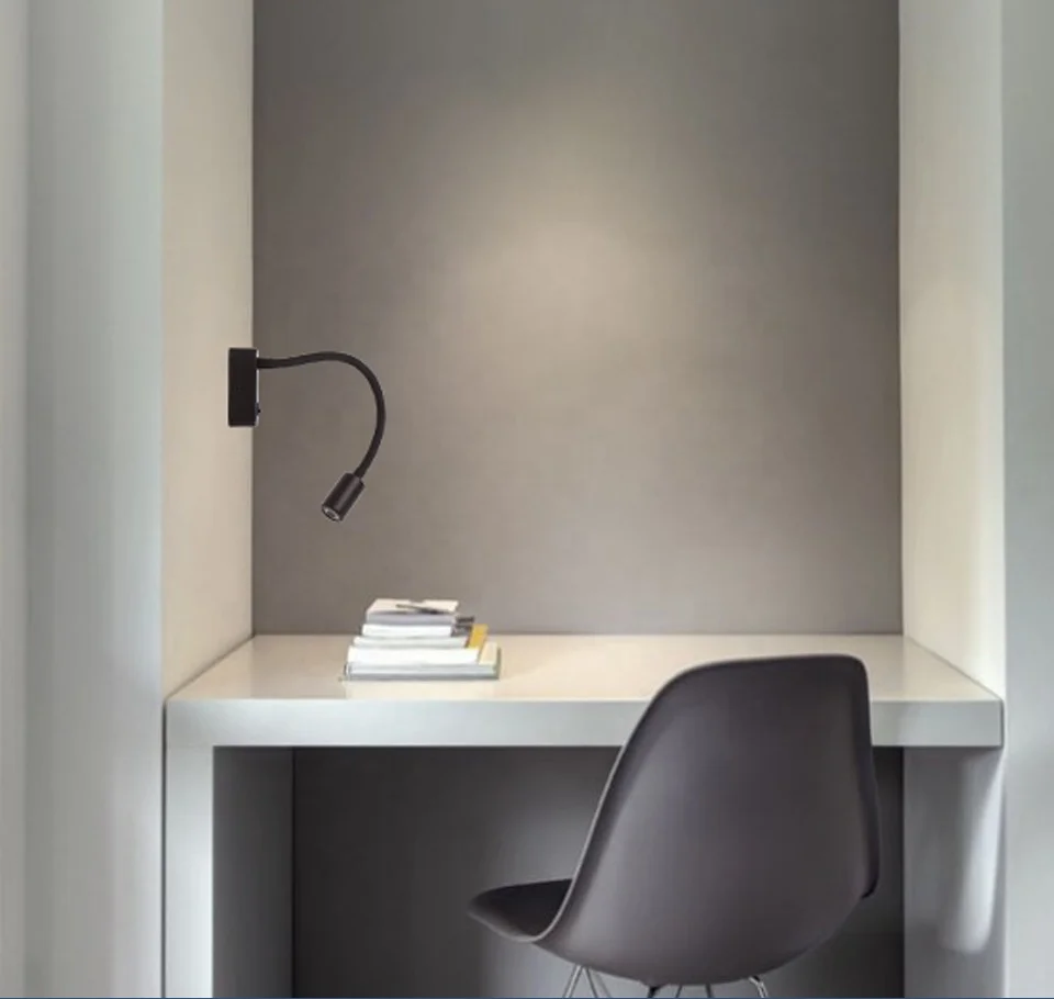 Savia Flexible Rotatable 360 Adjustable Gooseneck Reading Light LED 3W Modern Aluminum Surface Wall Mounted Bedside Lamp Hotel