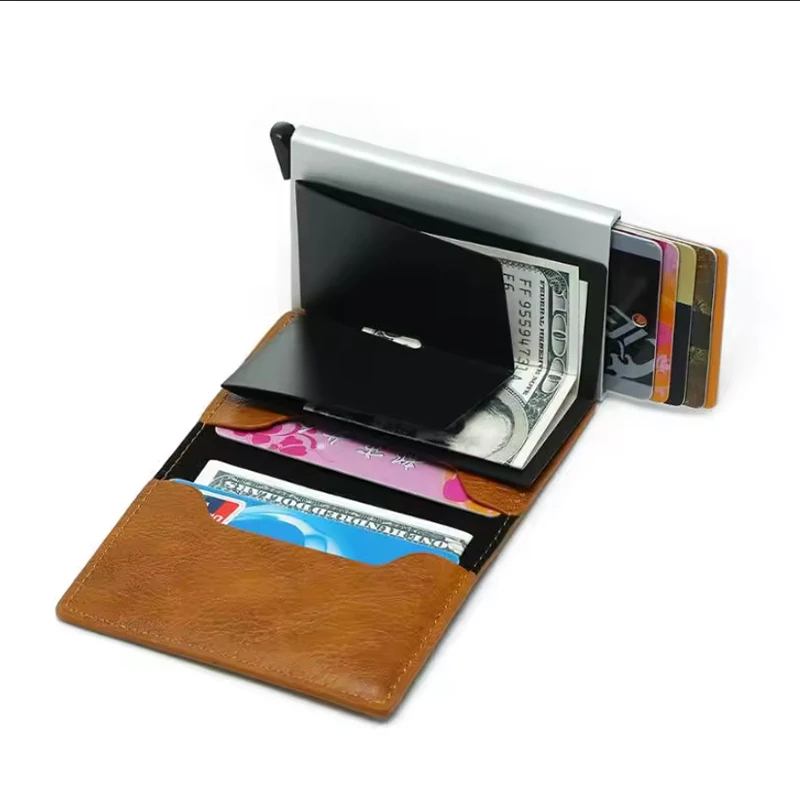 Custom Logo Pu Aluminium Smart Wallet Rfid Card Bag Leather Purse Women Purse For Men Leather Wallet