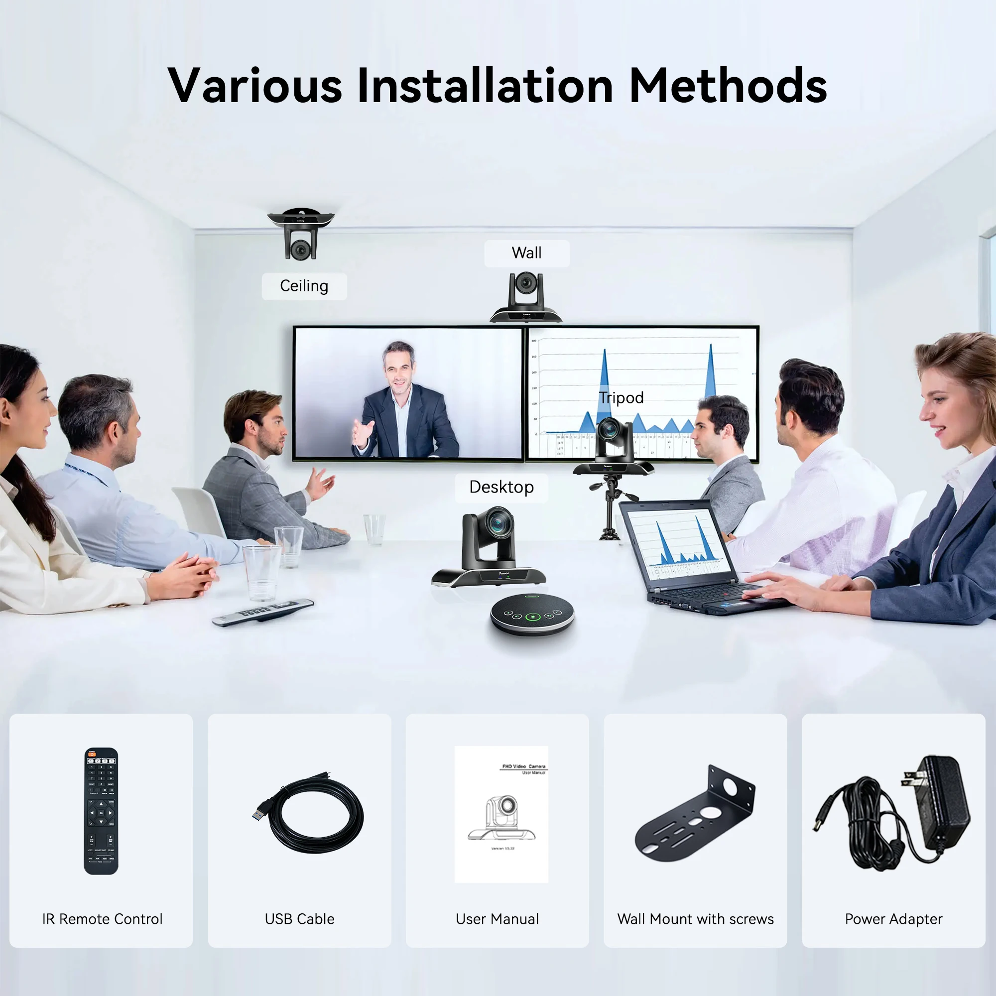 Tongveo Video Conferencing Kit 12X Optical Zoom USB3.0+HDM1 4K PTZ Conference Camera Wireless BT Speakerphone