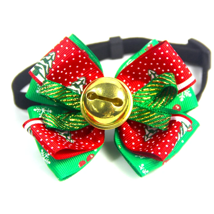 
Holiday Christmas tree design red and green big double bow tie dog tie with bells 