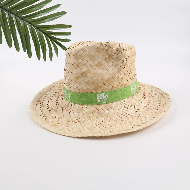 Factory Supplier Customize Logo Printing Ribbon Panama Rattan Palm Leaf Straw Sunshade Cowboy Hats Bulk
