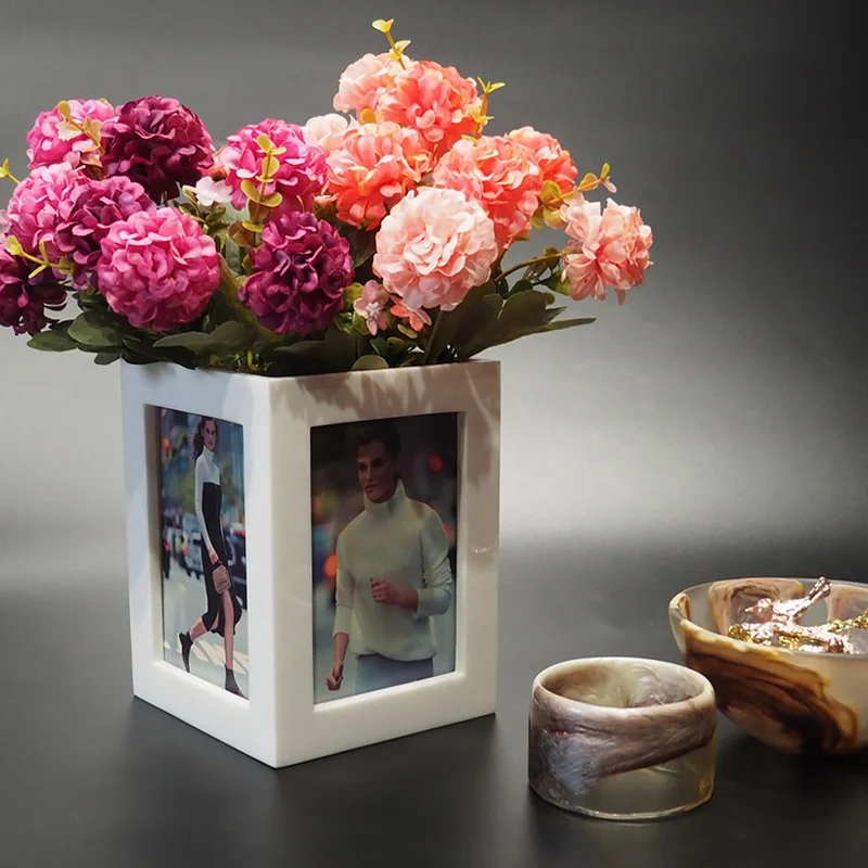 Ivory Color Vase Cube Picture Frame to Display 4pcs 3.5x5 Photos - Resin Material, Muti Photo Kit - Storage Box - Vase - Picture