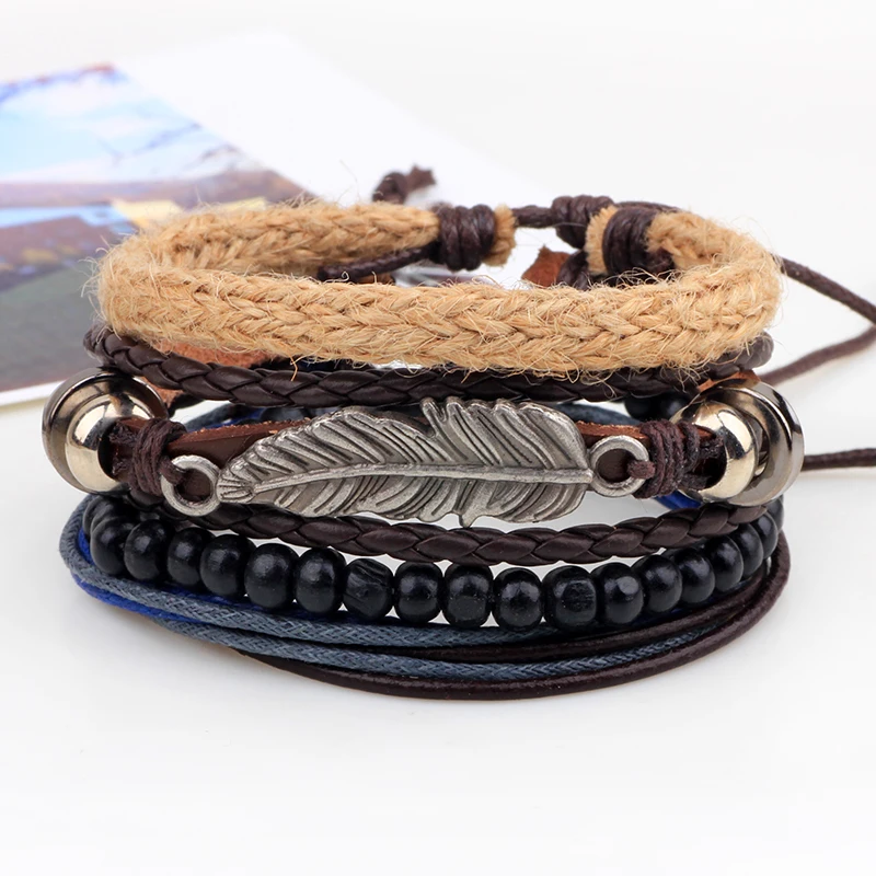 Fashion Retro Set Bracelet Cowhide Braided Hemp Rope Wooden Beads Multiple Combination Hand Ornaments Yiwu Jewelry