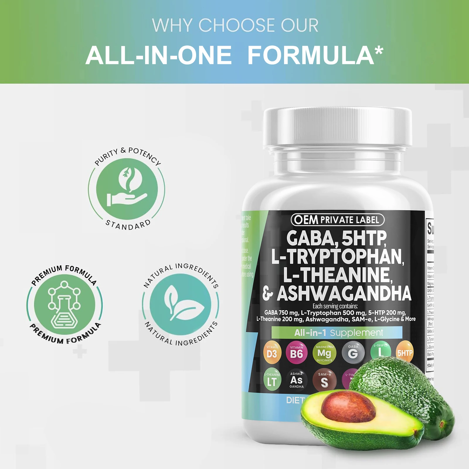 GABA Capsules 750mg 5 HTP L Tryptophan L Theanine Ashwagandha L-Glycine Mood Support Vitamins for Women and Men with L-Tyrosine