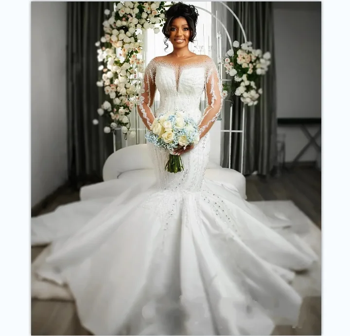 2024 Arabic Luxurious Mermaid Wedding Dress Sheer Neck Long Sleeves Beaded Sequins Crystal Bridal Bride Gown Vestido de dress