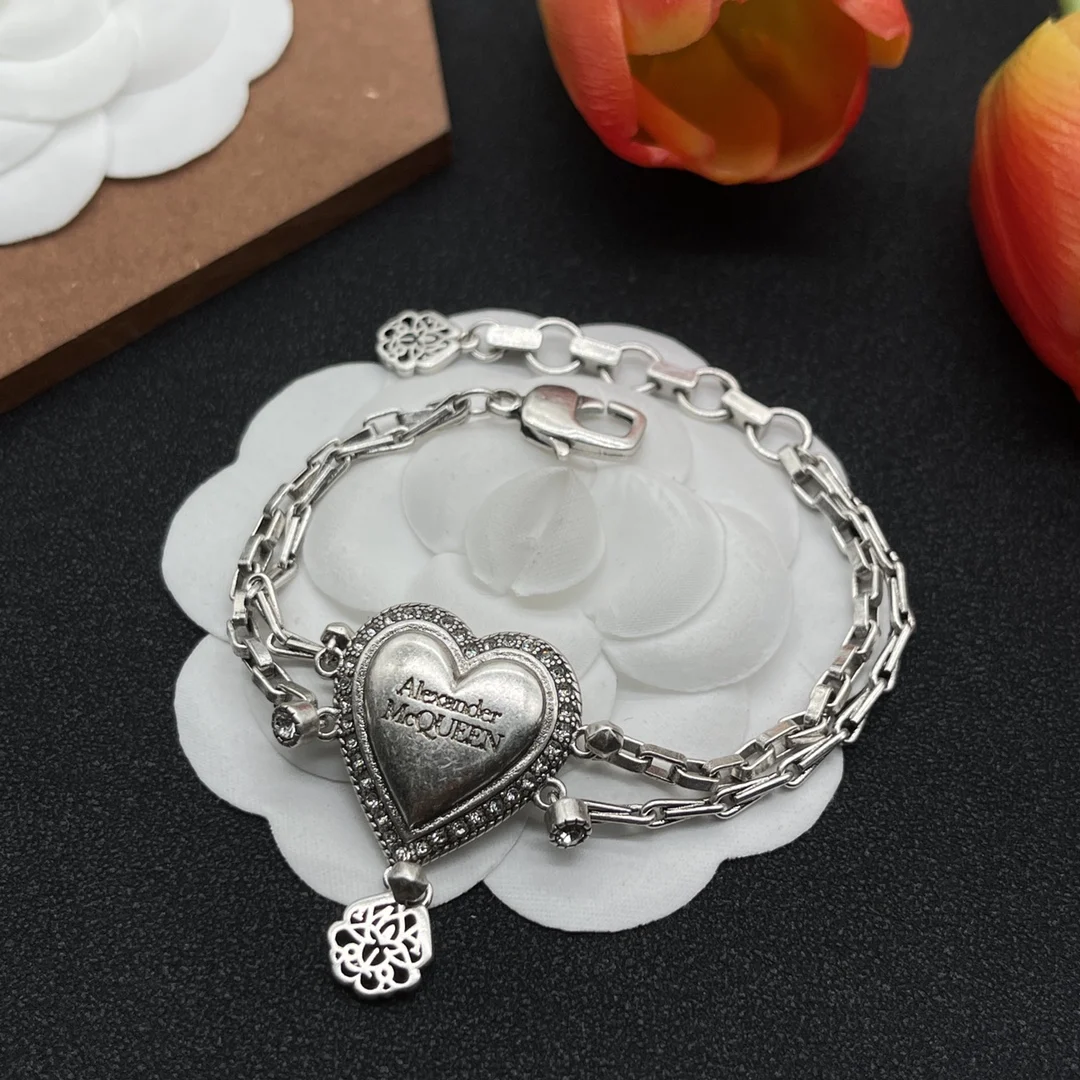 Alexanderxx McQueens Factory Wholesale 925 Silver Punk Style Two-color Heart-shaped Zircon Pendant Bracelet to Give to Friends