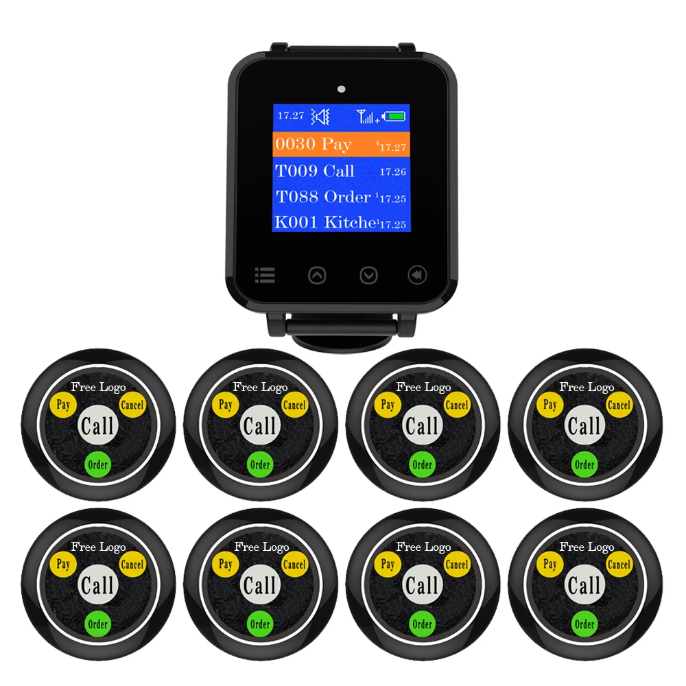 Artom Wireless call bell system with waterproof watch receiver set in different language and customized free logo on pager