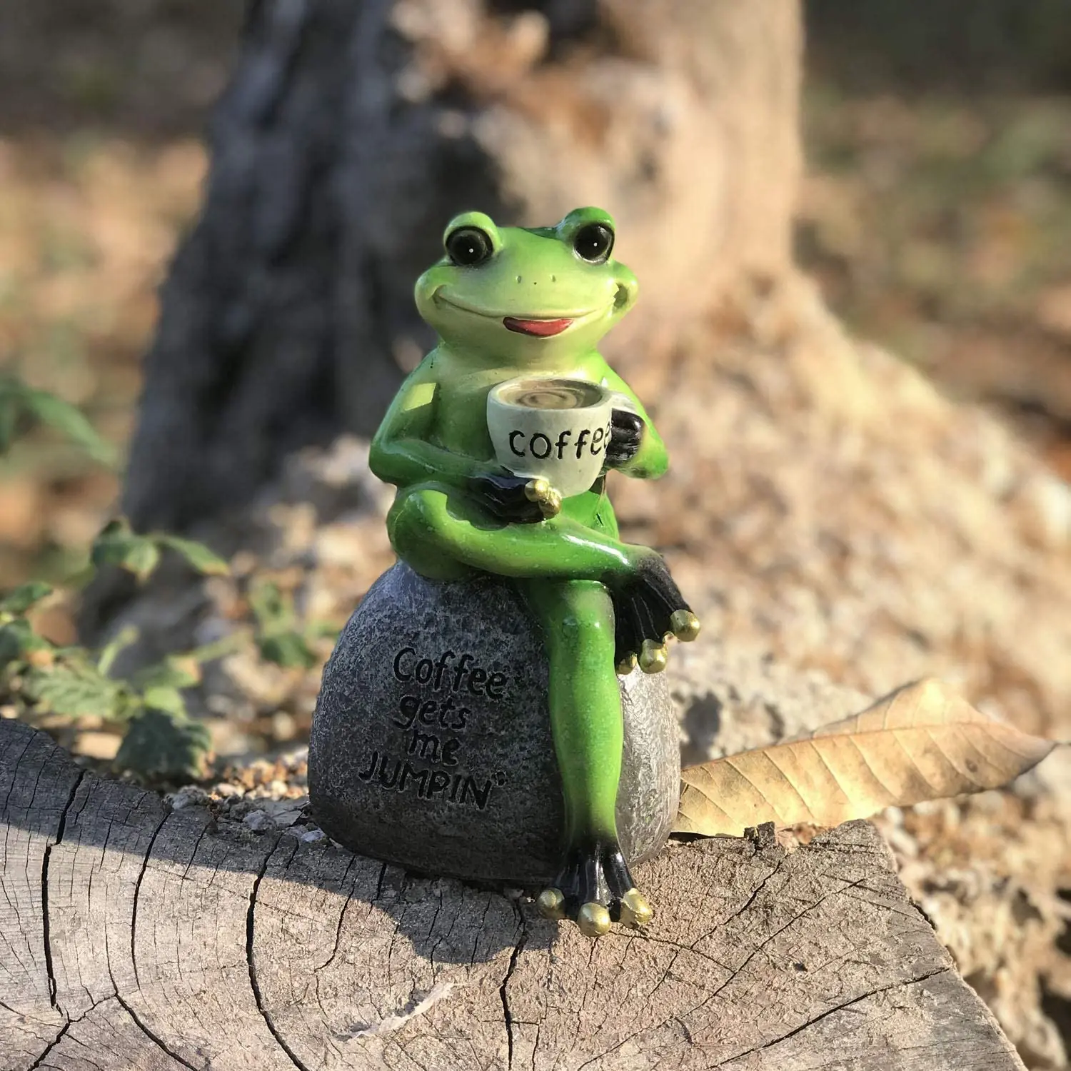 Creative Green Frog Sitting on Stone Statue Drinking Coffee