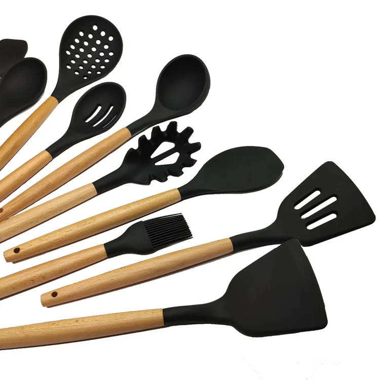 High quality Silicone Kitchen Cooking Utensils Tool Set 10 Pcs With Wooden Handle