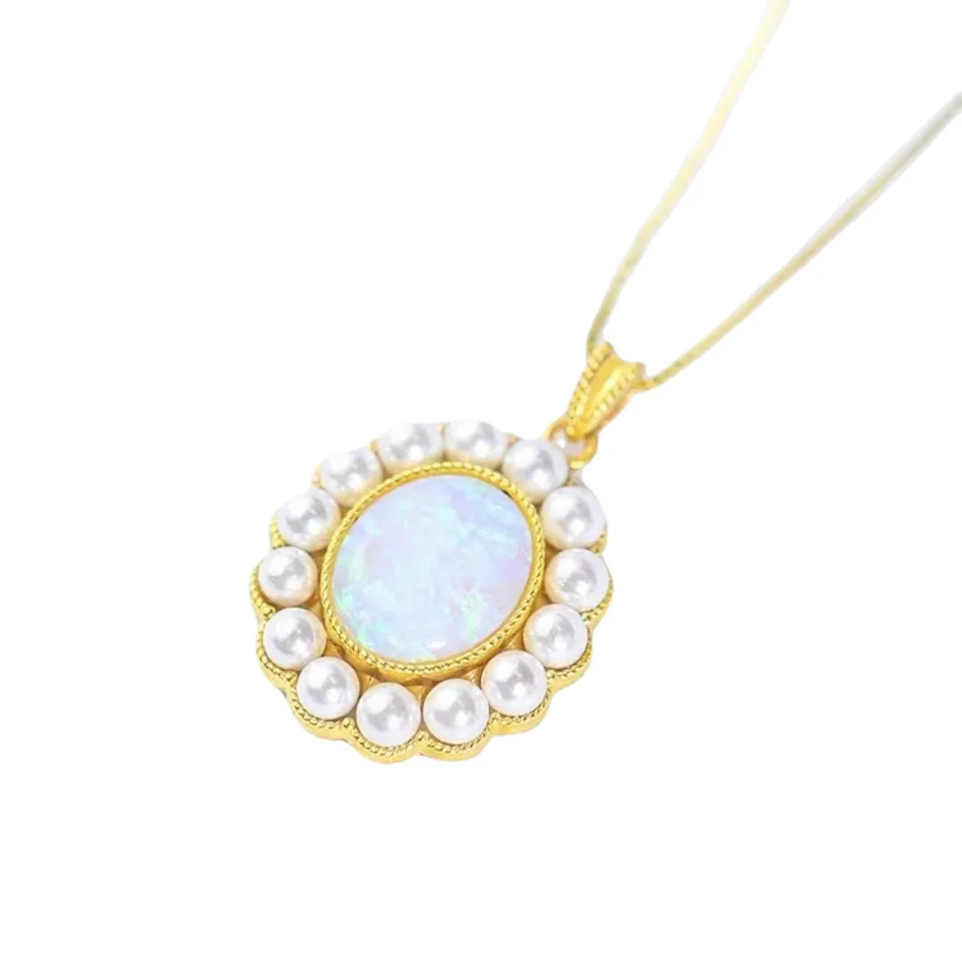 Luxury Fashion Au750 Pure 18K Gold Opal Stone Pearls Pendants Necklace Women Ladies Bridal Engagement Wedding Fine Jewelry