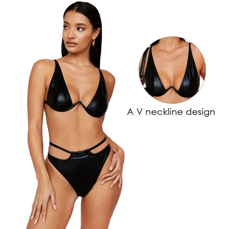OEM newest fashion coated V neck high leg cut out 2 piece underwire shiny leather bikini for women