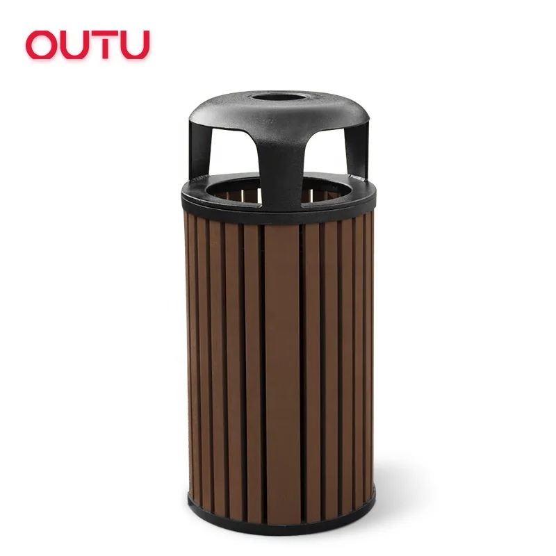 Factory Garbage Bin with Lid Metal Rubbish Can Aluminum Public Trash Can with PS wood Eco Waste Storage