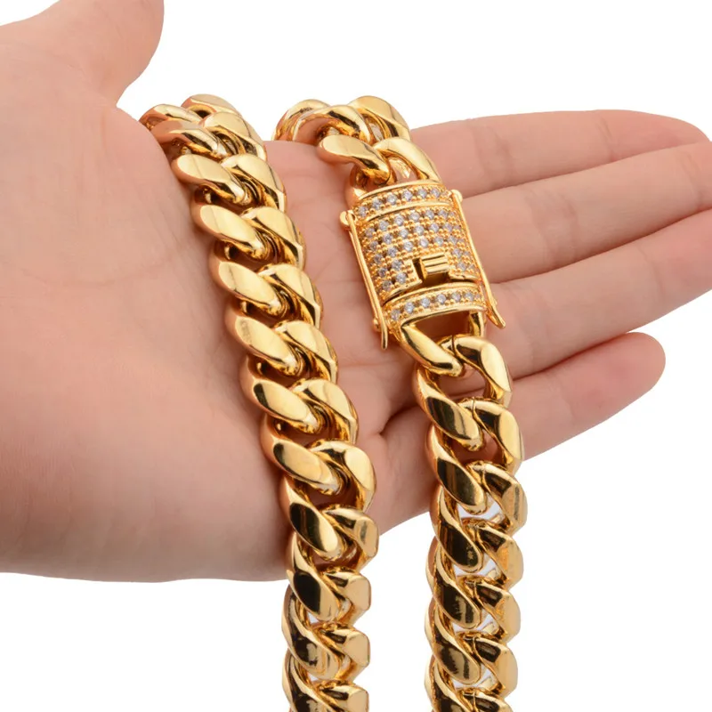 Mens Miami Cuban Link Chain 18K Gold plated 8/10/12/14/16/18mm Stainless Steel Curb Necklace with cz Diamond Chain Choker