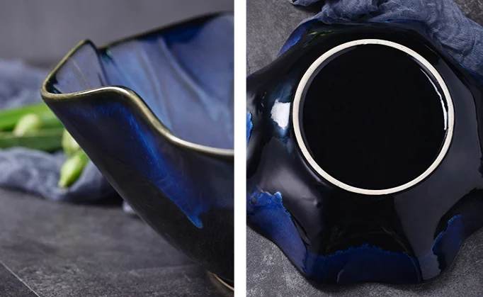 Creative Fashion Design 4 inch Ceramic Lotus Leaf Shape Dish Reactive Blue Soy Sauce Dishes Dipping Bowls Small Plate for Sushi