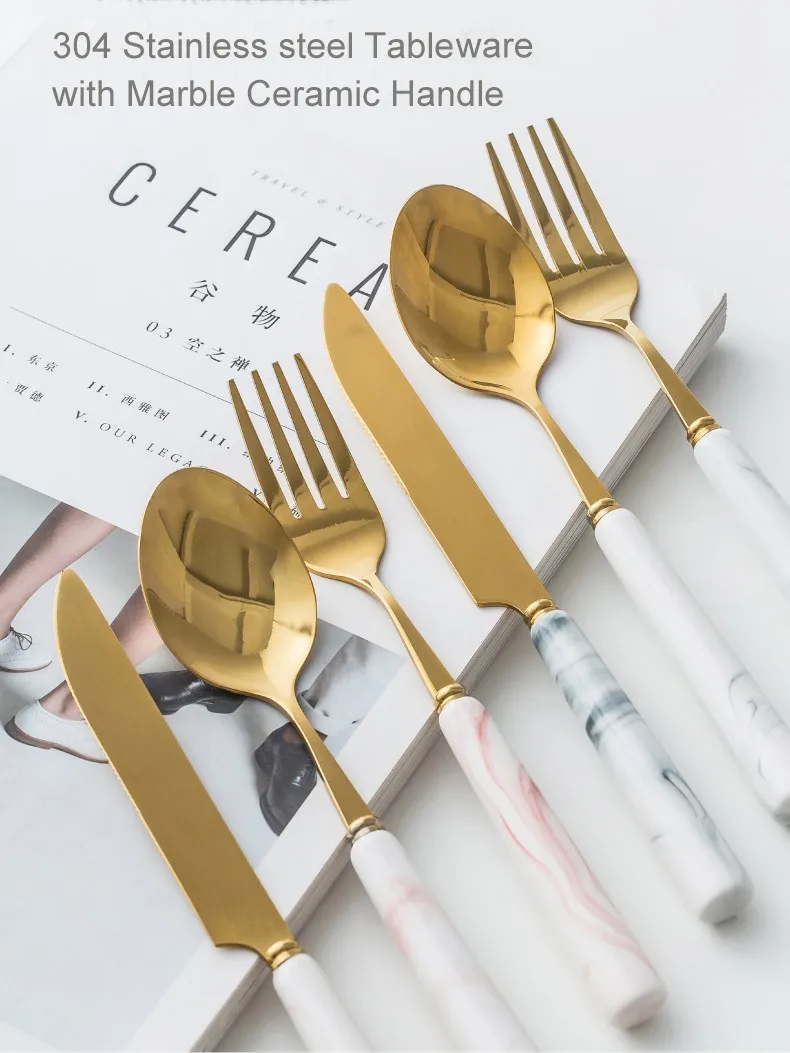 Набор столовых приборов из нержавеющей стали, базовые ложки и вилки с керамической ручкой, фарфор, меламин, столовая посуда