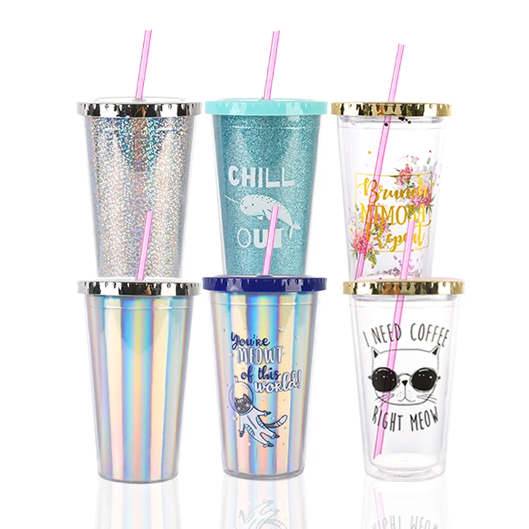 
OEM ODM BPA Free 500ml Coffeee Mugs Customizable Logo Reusable 16OZ Double Wall AS Plastic Acrylic Tumbler with straw 