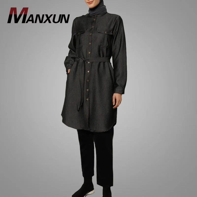 Simple Popular Islamic Clothing Hotsale Front Buttons T Design Muslim Women Daily Wear Solid Color Blouse Tunic