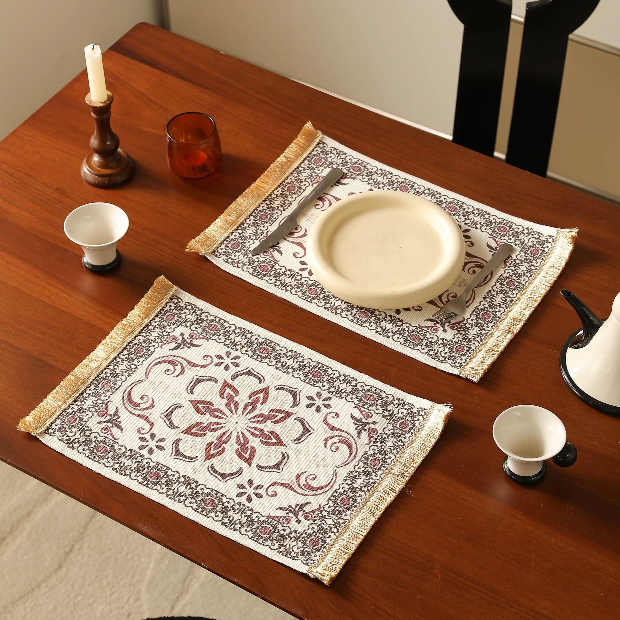 New Bohemian Style Woven Rectangle plastic Mats Digital Printing Tassel Edge Table Mat For Dining Table