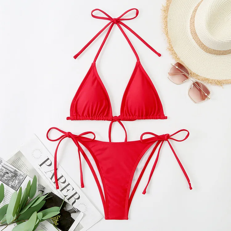 2022 Hot Sale 6 Colors Basic Swimwear Double Lined Fabric Seamless Bikini Ties Details Brazilian Swimsuit