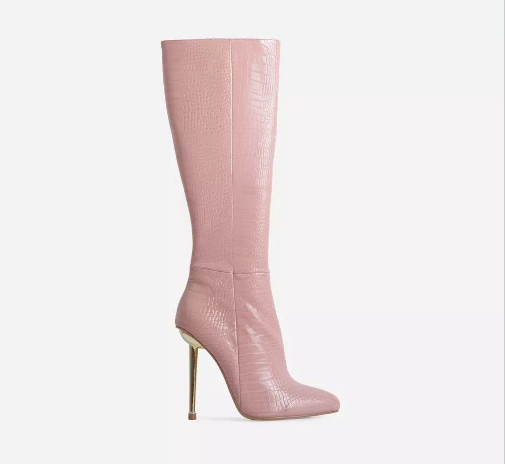 fashion 2021 Clarity Metallic Heel Knee High Long Boots In Pink  Croc Print Pu for women