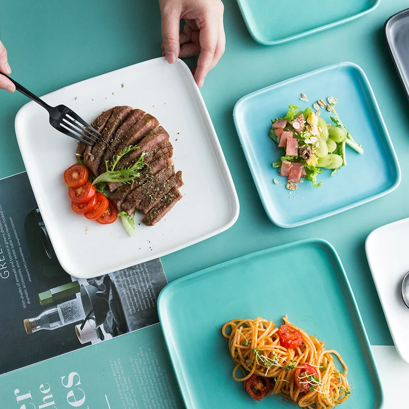  Ceramic Nordic Plate Decoration Solid Color Black Porcelain Square Plate Dish Set For Restaurant