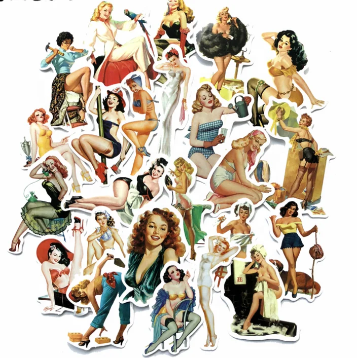 
50PCS Vintage Girls Sticker Pack PVC Waterproof Stickers For Skateboard Bottle Laptop Hot Sale Beautiful Cute Girls Cartoon Set 
