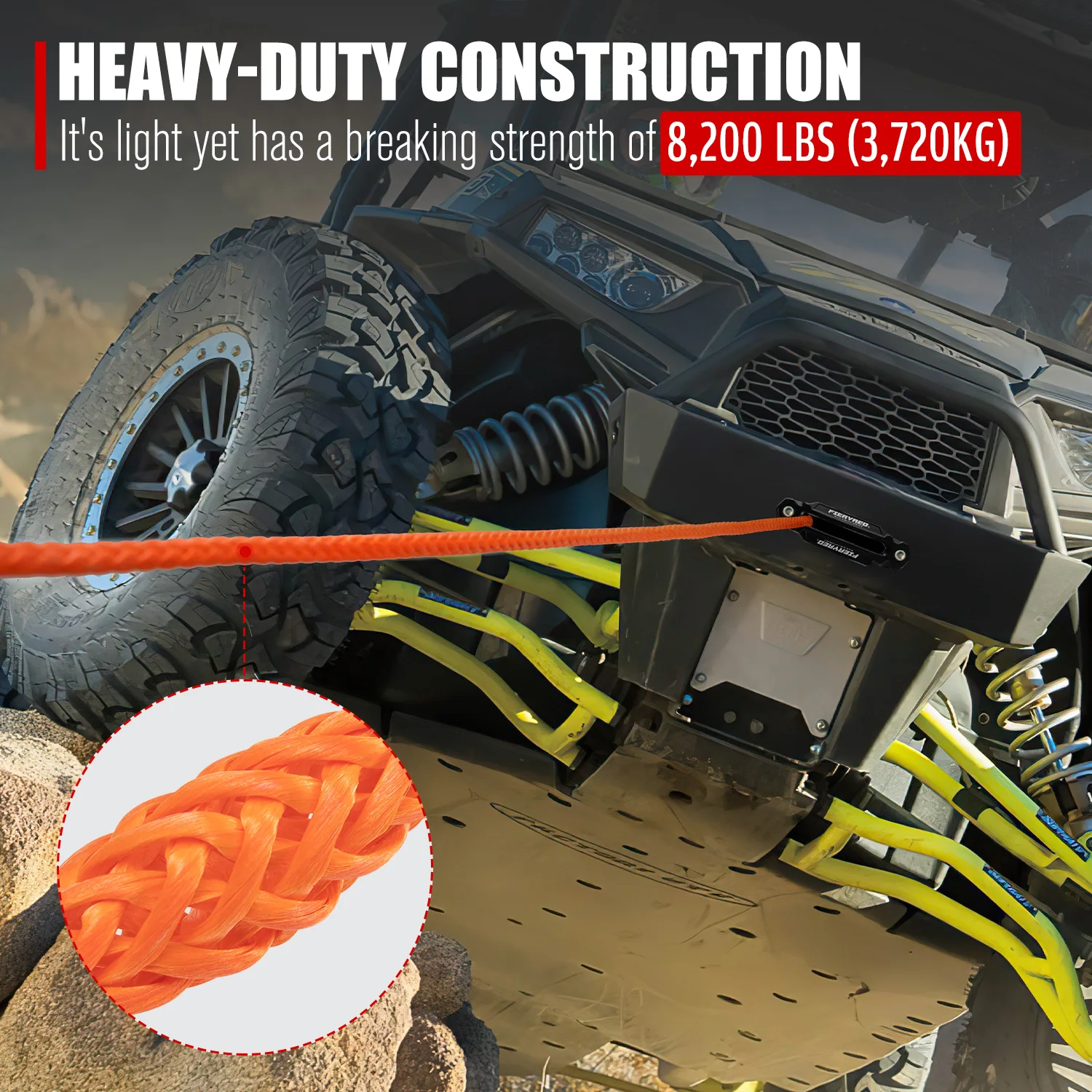 FIERYRED High Strength 4x4 Off Road UHMWPE 8200Ibs 3/16 inch x 50 ft Synthetic Electric Winch Rope